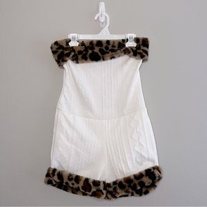 Y2K White Cozy Romper With Leopard Print Trim